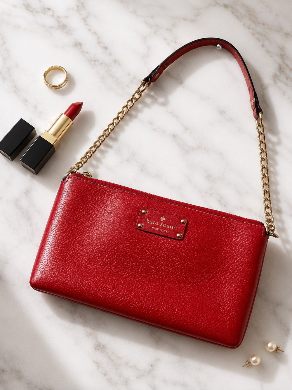 Kate Spade NY Wellesley Red Pebbled Cow Leather Gold Chain Shoulder Clutch Bag